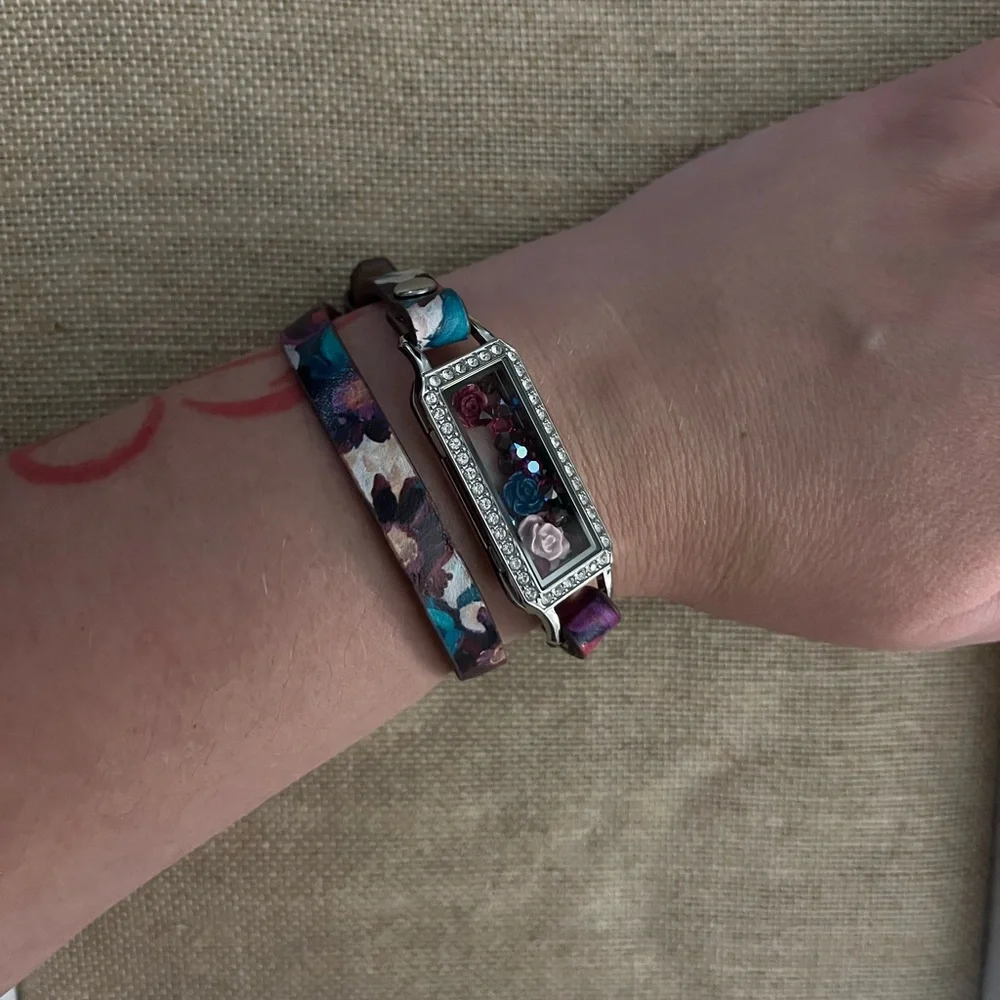 Origami Owl Floral Leather Bracelet Wrap/Silver Bar Rectangular Locket/charms - Picture 9 of 9